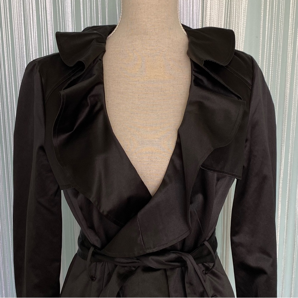 Rare Bebe Black Satin Ruffled Trench Coat Size Small